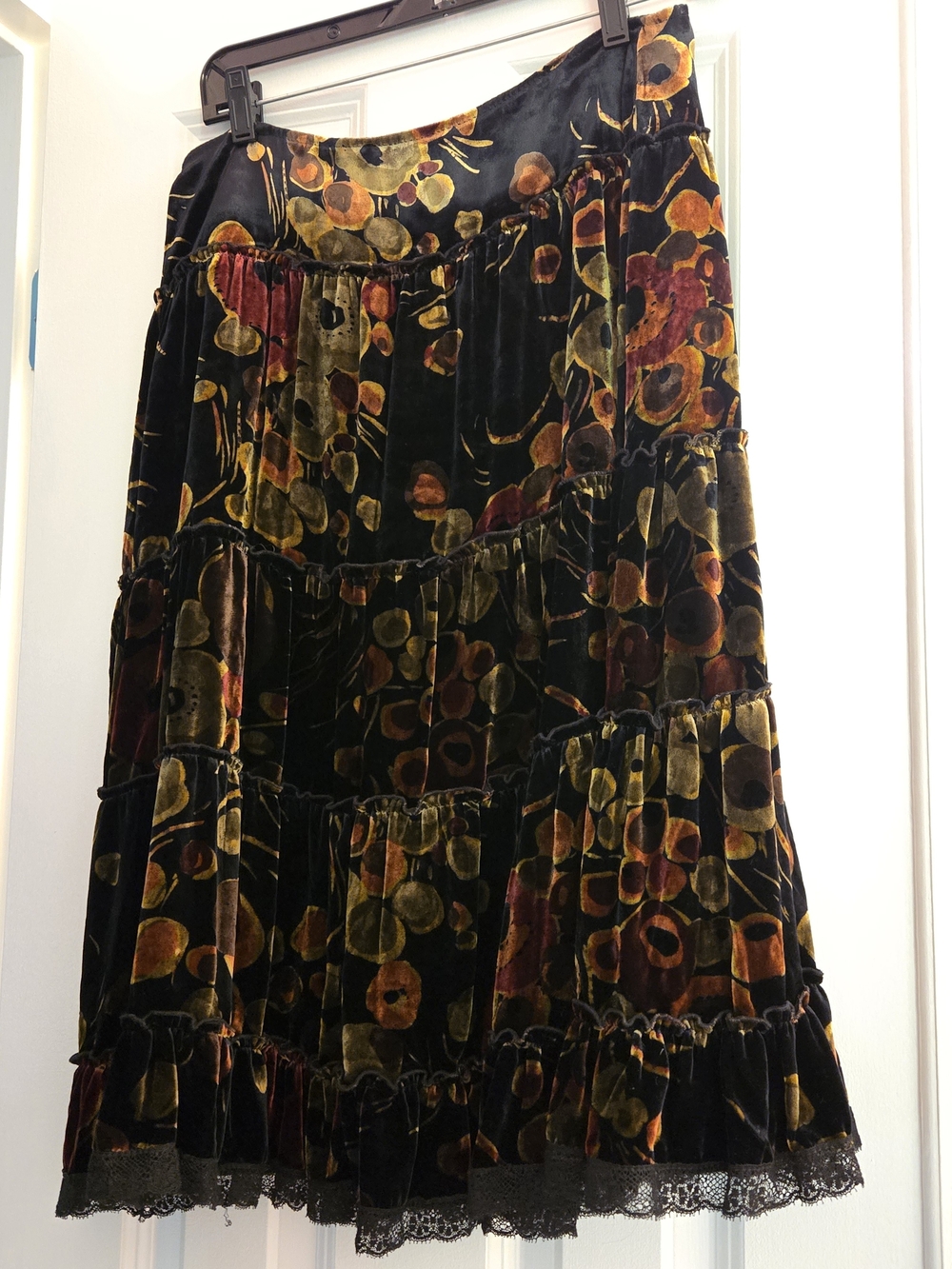 Velvet Tiered Floral Midi Skirt in Black and Multicolor